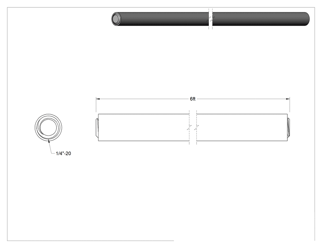 Teknik Çizim - Stay-Clean Gijon, 304 Paslanmaz Çelik, 1/4"-20 Diş Boyutu, 6 Fit Uzunluk