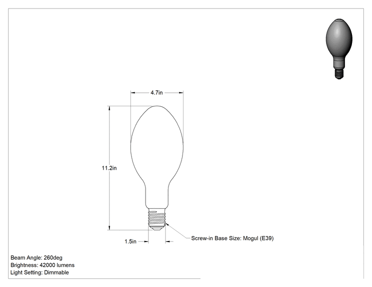 Teknik Çizim - Metal Halide Ampul, ED37 Konisi, E39 Mogul Tabanı, 400W, 4000K, 42000 lümen
