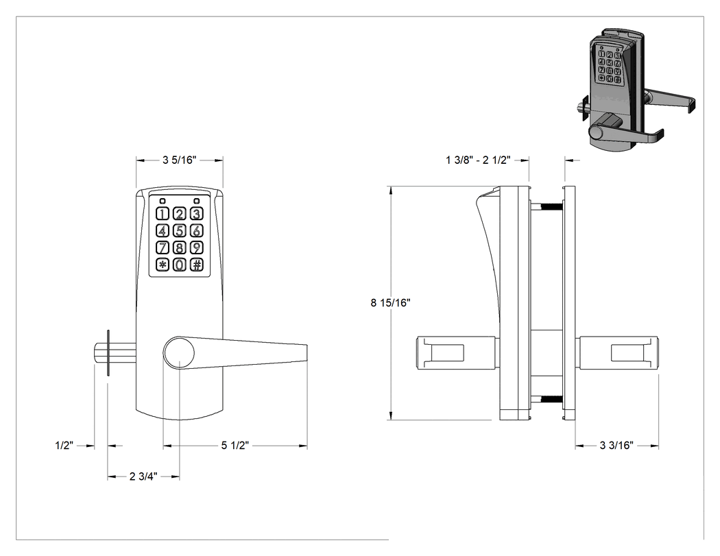 Teknik Çizim - Kendi Kendine Çalışan Tuş Takımlı Şifreli Kapı Kolu, Kaba Powerplex 2000, Schlage C Yiv