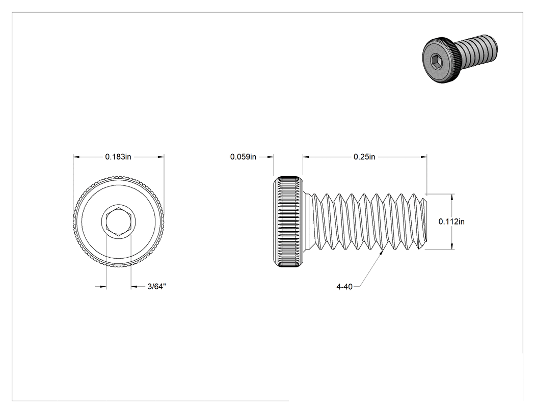 Teknik Çizim - 18-8 Paslanmaz Çelik Düşük Profilli Alyan Başlı Vida, Altıgen Tahrikli, 4-40 Diş Boyutu, 1/4" Uzunluk
