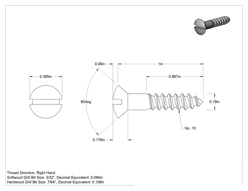 Teknik Çizim - Ahşap için Pirinç Oluklu Oval Başlı Vidalar, 10 Numaralı Boyut, 1" Uzunluk