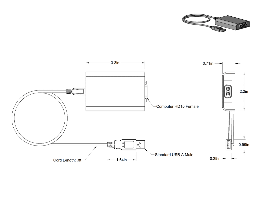 Teknik Çizim - USB Adaptörü, USB A Fişi x HD15 Fişi, 3 Fit Uzunlukta Kablo