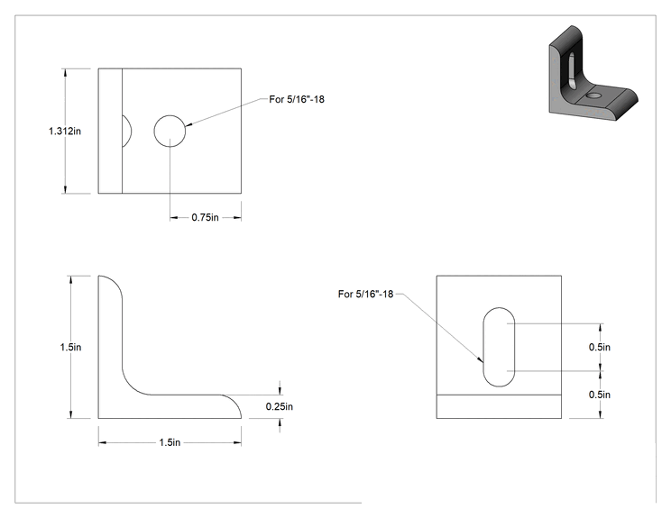 Teknik Çizim - T-Yivli Çerçeve, 1.5" Yüksekliğinde Ray için Gümüş Oluklu Braket, 1.5" Uzunluk