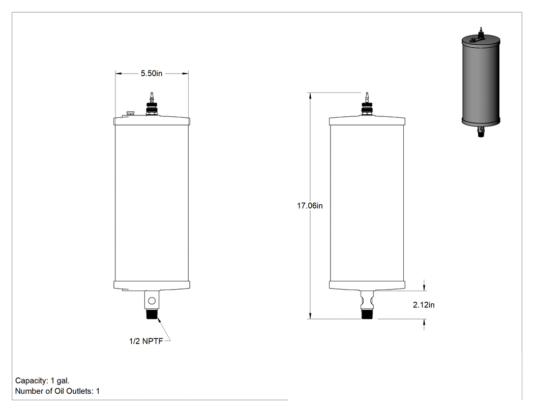 Teknik Çizim - Akış Ayar Valfli Yağ Dağıtıcı, Maksimum 160°F, 1/2 NPTF Erkek Çıkış, 1 Galon Kapasite