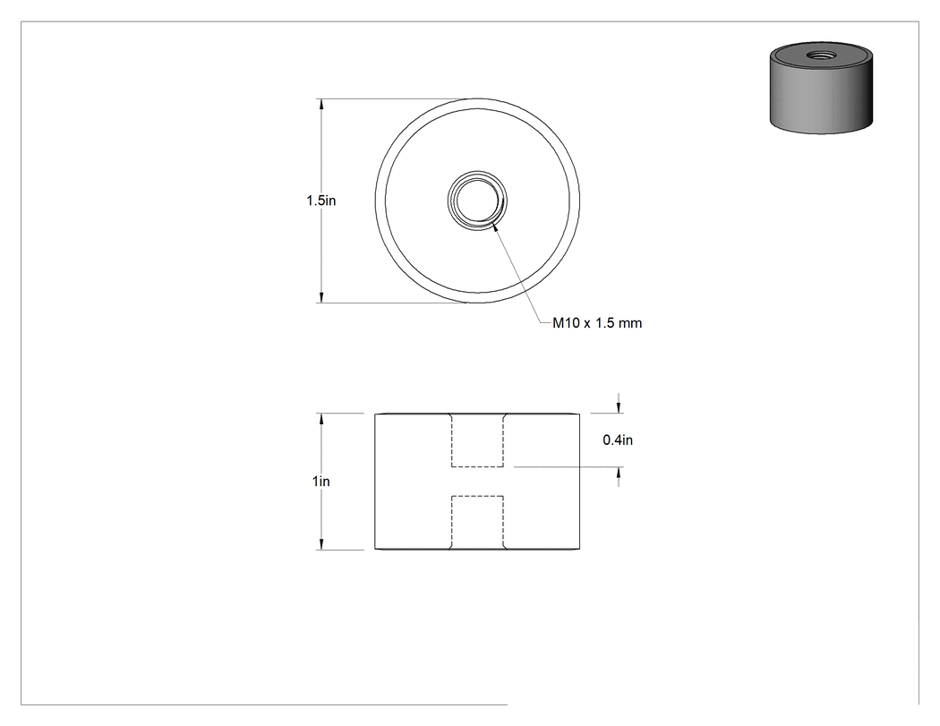 Teknik Çizim - Doğal Kauçuk Titreşim Sönümleyici Sandviç Montaj, M10 x 1.5 mm Dişli 304 Paslanmaz Çelik Ek Parça ile, 275 lbs. Kapasite