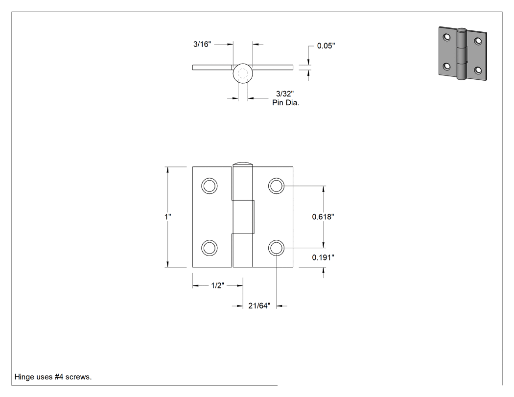 Teknik Çizim - Delikli Gömme Montaj Menteşesi, Çıkarılabilir Pim, Çelik, 1" x 1/2" Yapraklar