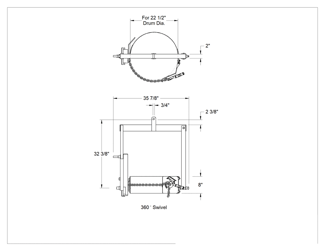 Teknik Çizim - Zincirli Eğilebilir Varil Kaldırıcı, 22-1/2" Varil Çapı için, 1500 lbs. Tam Varil Kapasitesi