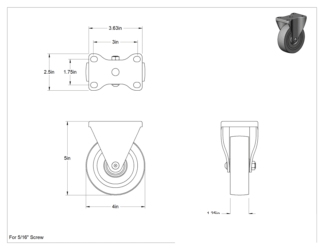 Teknik Çizim - Cart-King Tekerlek, 4 inç Çapında Tread-on-Core 75A Kauçuk Tekerlekli Sabit