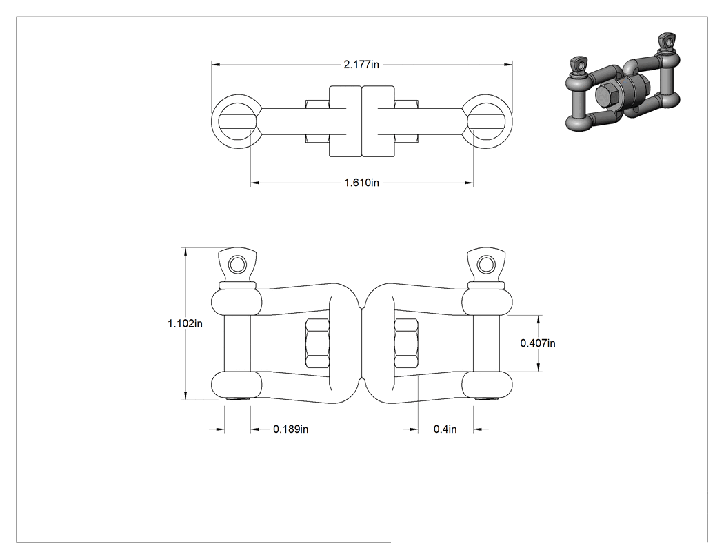 Teknik Çizim - Clevis-Clevis Döner Bağlantı - Kaldırma Amaçlı Değildir, 316 Paslanmaz Çelik, 1-5/8 inç Uzunluk