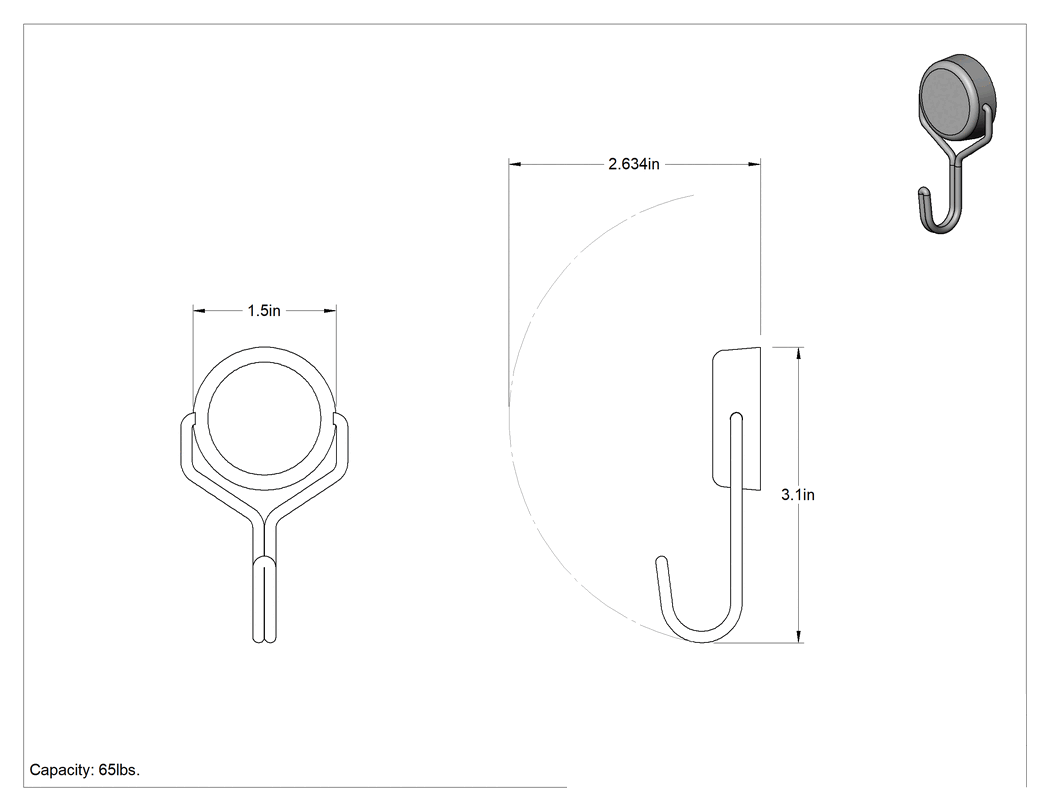 Teknik Çizim - Mıknatıslı Kanca, 1-1/2" Genişlik x 1-1/2" Yükseklik x 1-1/8" Derinlik