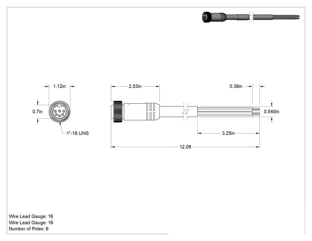 Teknik Çizim - Mini Konektör, Soket, İç Diş, 6 Kutuplu, 0.7 inç Yüz Çapı, 12' Kablo