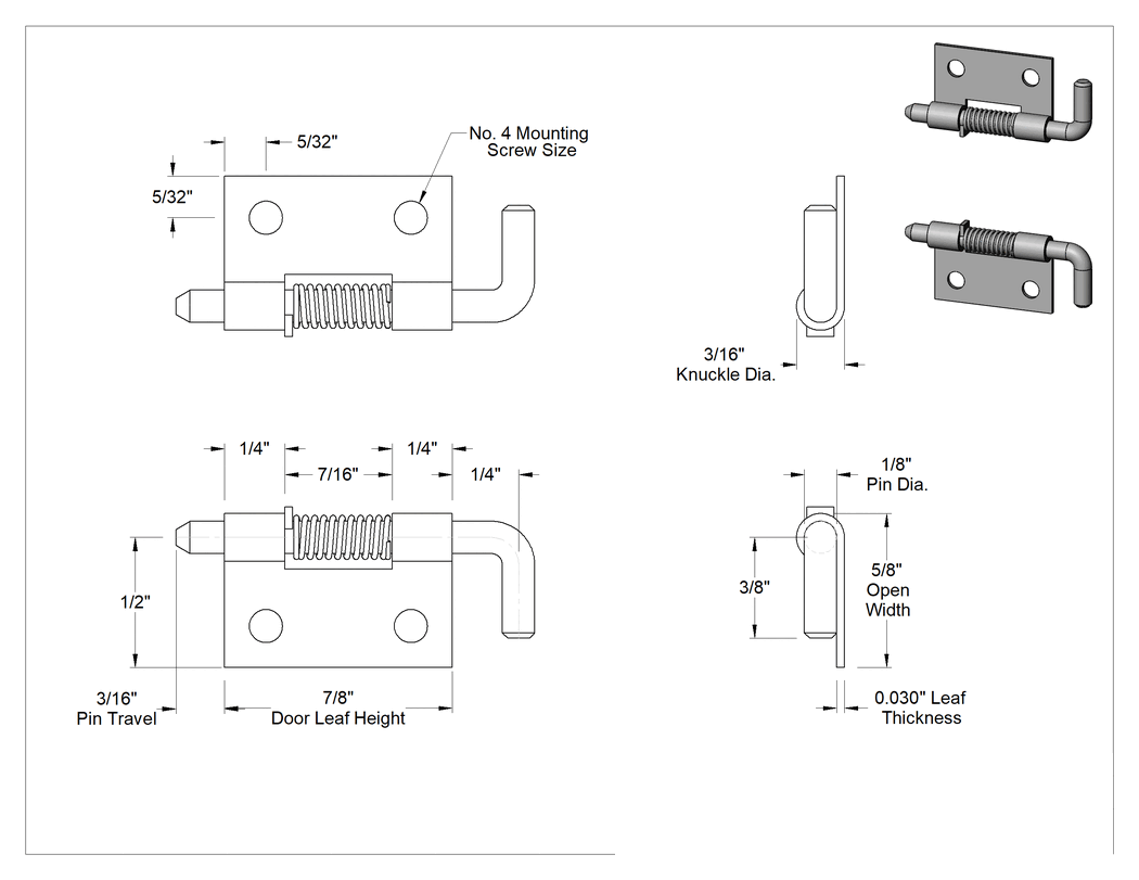 Teknik Çizim - Çekerek Açılan Hızlı Bağlantı Menteşesi, Delikli, 300 Serisi Paslanmaz Çelik, 7/8" x 1/2" Kapı Kanadı