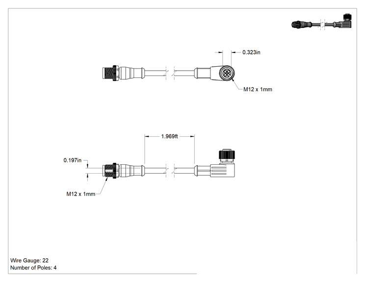 Teknik Çizim - Mikro M12 Kablo, Fiş x Dirsek Soketi, 4 Kutup, 1.5 Fit Uzunluk, 0.2" Dış Çap