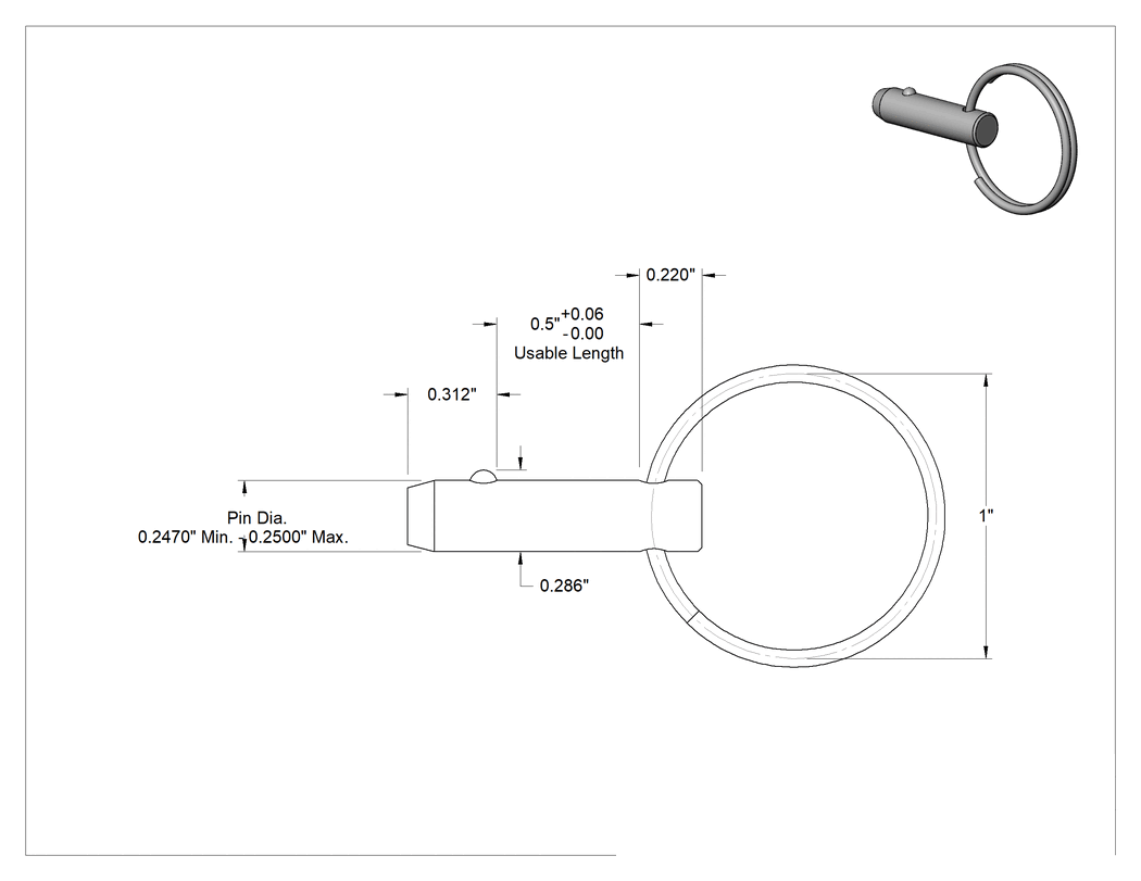 Teknik Çizim - Halka Tutamaklı Hızlı Açma Pimi, Alüminyum, 1/4" Çap, 1/2" Kullanılabilir Uzunluk