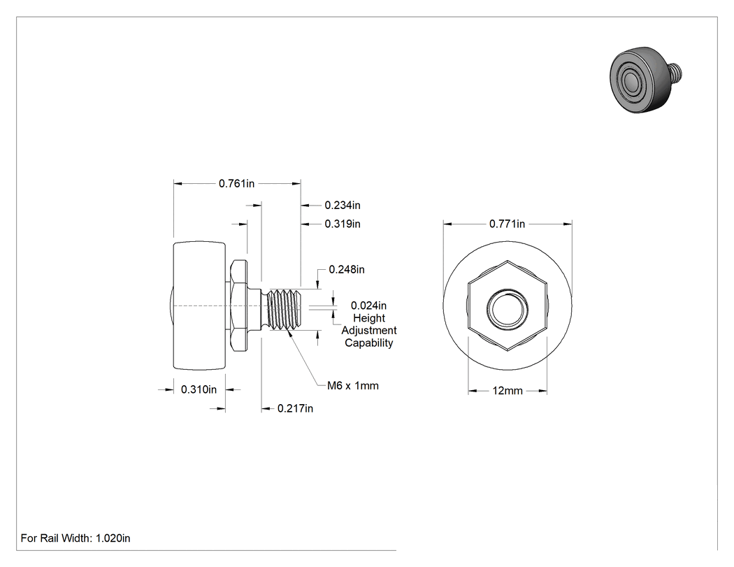 Teknik Çizim - Ray Makarası, Conta ile Çelik, Ayarlanabilir Omuz, 1.02" Genişlikte Ray için