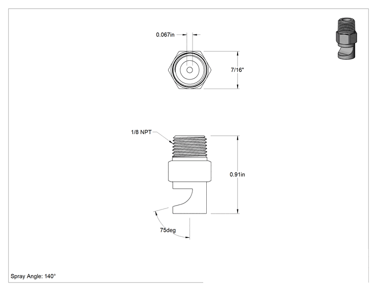 Teknik Çizim - Ekstra Geniş Sapmalı Düz Püskürtme Memesi, PVDF Plastik, 1/8 NPT Erkek, 0.7 gpm @ 5 PSI