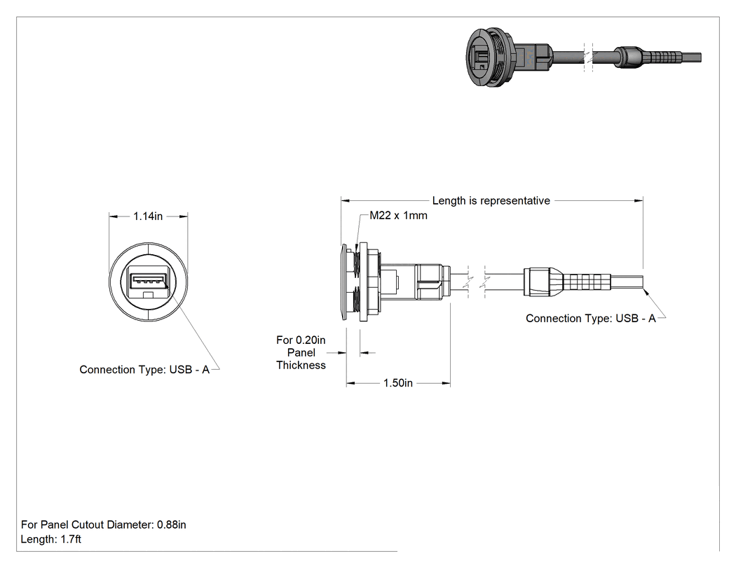Teknik Çizim - Panele Monte USB Kablosu, USB 3.2 Gen 1, A Fiş x A Dişli Soket, 1.5' Uzunluk, Siyah
