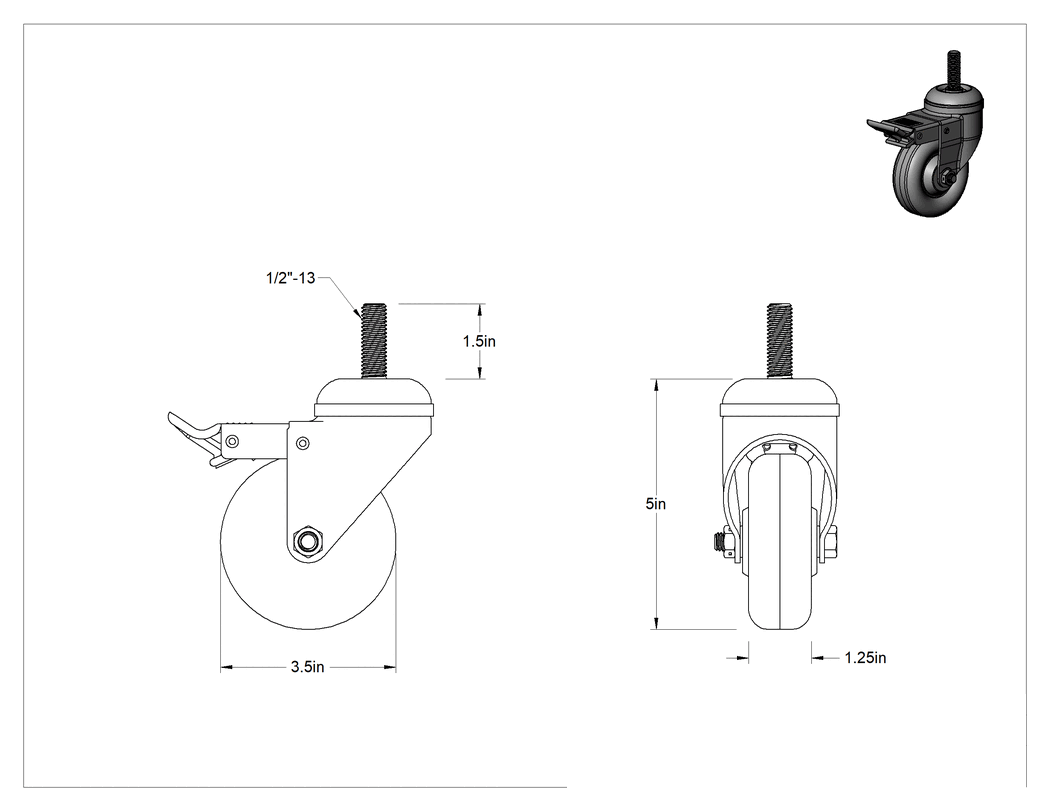 Teknik Çizim - Tam Kilitli Dişli Saplı Tekerlek, 1/2"-13 Dişli x 1-1/2" Uzunlukta Şaft, 3-1/2" Çapında Polipropilen Tekerlek