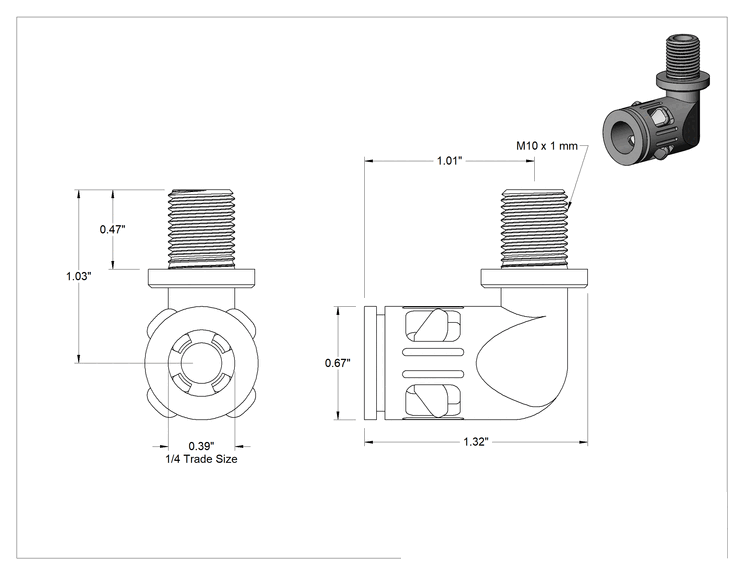 Teknik Çizim - Esnek Plastik Kanal için Bağlantı Parçası, 90 Derece Dirsek Adaptörü, 1/4 Anma Ölçüsü Dişi x M10 Erkek