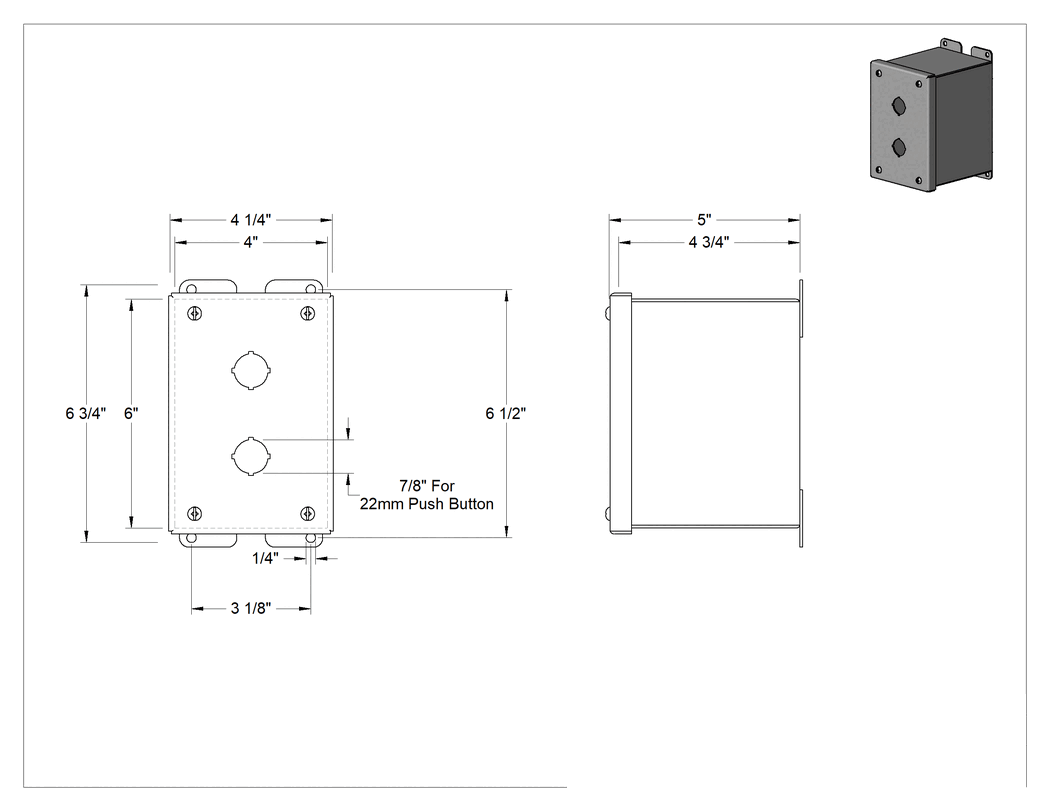 Teknik Çizim - 304 Paslanmaz Çelik Su Geçirmez Basmalı Düğme Muhafazası, Menteşeli Kapaklı, 22 mm basma düğmesi için, 2 Delik