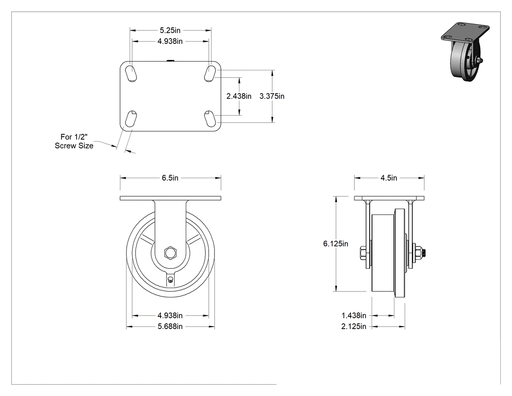 Teknik Çizim - Flanşlı Tekerlekli Raylı Sert Tekerlek, Yüksek Kapasiteli, 4-15/16" Çaplı Metal Tekerlek