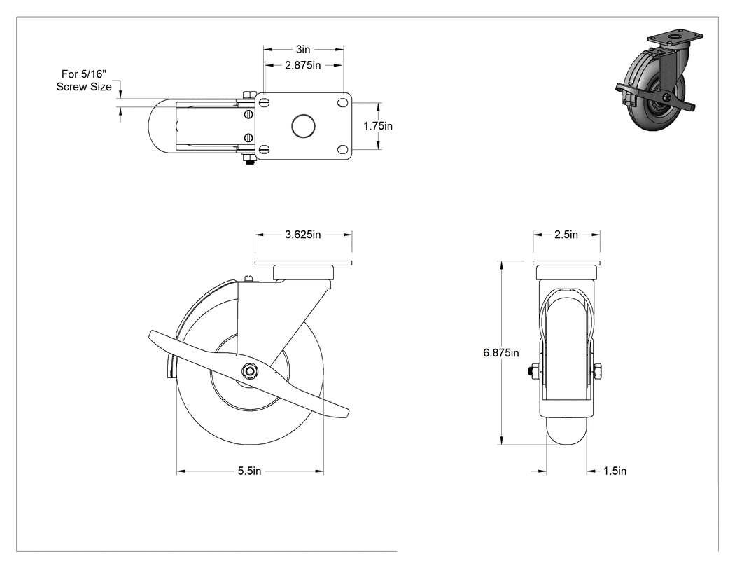 Teknik Çizim - Creston Tekerlek, Çevreleyen Frenli ve 5-1/2" Çapında 60A Kauçuk Tekerlekli Döner
