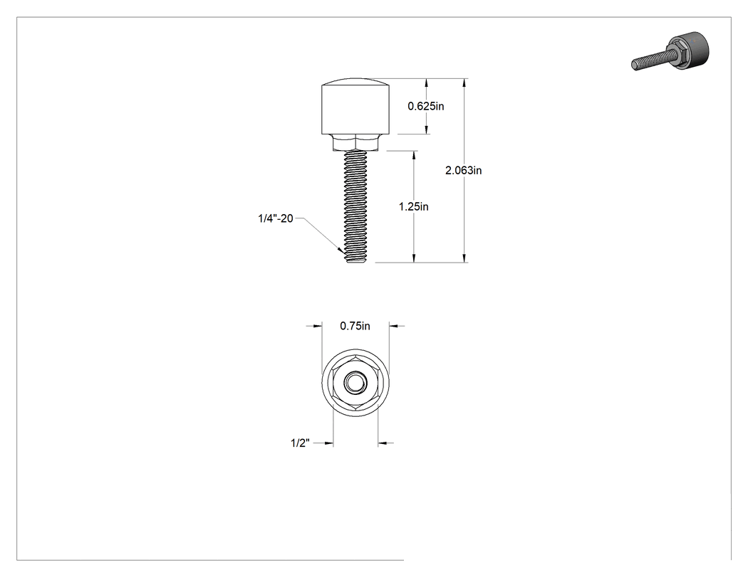 Teknik Çizim - Güçlendirilmiş Dişli Tampon, Poliüretan, 1-1/4" Uzunluk 1/4"-20 Saplama, Durometre 80A