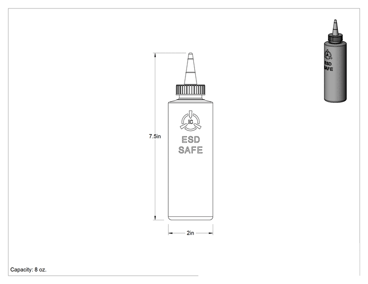 Teknik Çizim - Statik Kontrol Sıkma Şişesi, ESD Güvenli Mesajlı, 8 FL. oz Kapasite