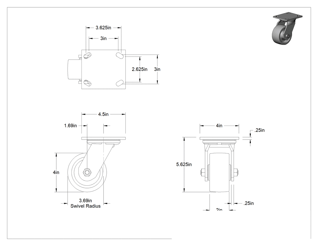 Teknik Çizim - 4-1/2" x 4" Plakalı Yüksek Kapasiteli Spartan Tekerlek, 4" Çaplı Açık Rulmanlı Poliüretan Tekerlekli Döner Tekerlek