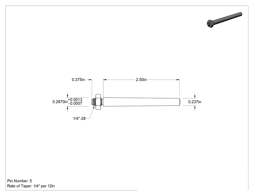 Teknik Çizim - 12L14 Karbon Çelik Dişli Konik Pim, 0.287" Büyük Uç Çapı, 2-1/2" Uzunluk