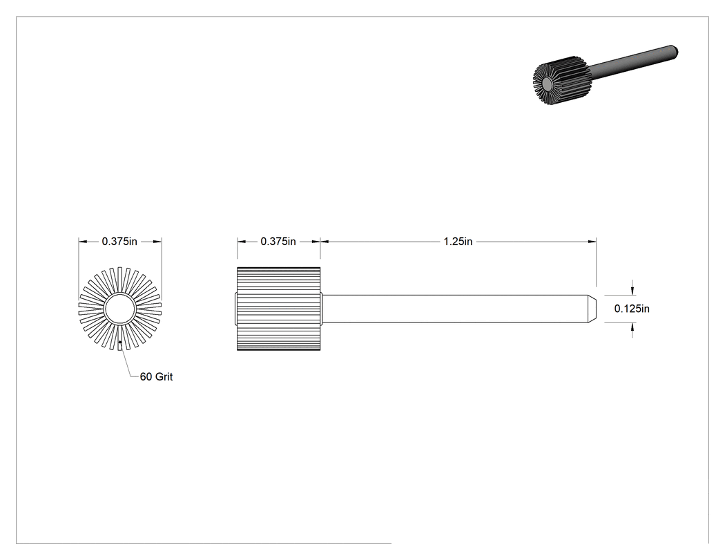 Teknik Çizim - Lamelli Zımpara Çarkı, Saplı, Pürüzlü Yüzey için, 60 Kum, 3/8" Çap, 3/8" Genişlik