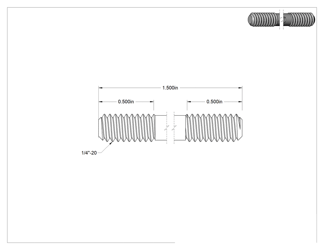 Teknik Çizim - Siyah Oksit Çelik Her İki Ucu Dişli Kurulum Saplaması, 1/4"-20 Diş Boyutu, 1-1/2" Uzunluk, 1/2" Diş Uzunlukları