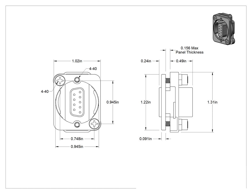 Teknik Çizim - Panele Monte D-Sub Adaptörü, DB9 Dişi x DB9 Dişi