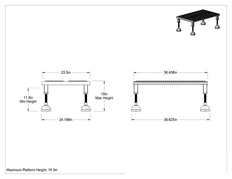 Teknik Çizim - Yuvarlanan Çalışma Platformu, Sarı Toz Boyalı Çelik, 11.5 inç ila 15 inç Yükseklik x 39 inç Toplam Genişlik