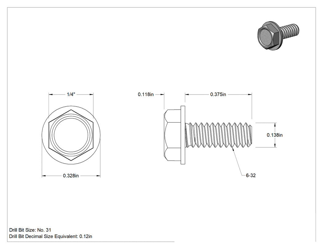 Teknik Çizim - Metal için Altıköşe Başlı Diş Açıcı Vidalar, Dış Altıgen, 6-32 Diş, 3/8" Uzunluk