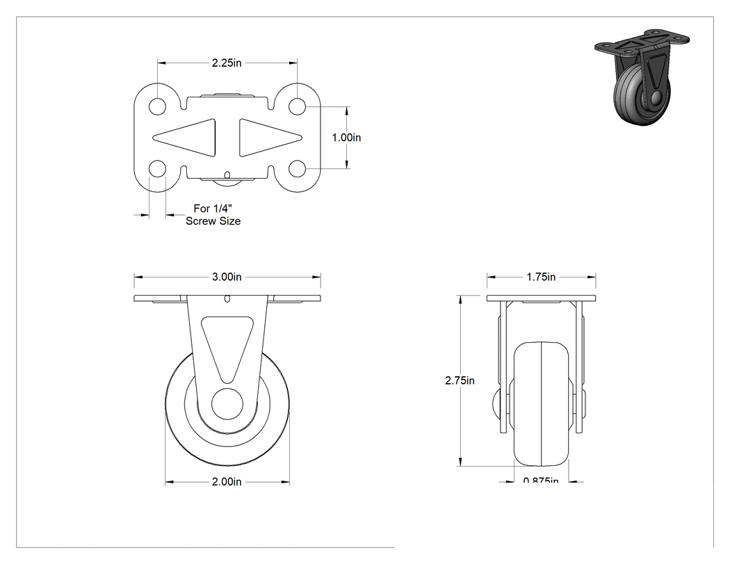 Teknik Çizim - 3" x 1-3/4" Plakalı Mighty-Lite Tekerlek, 2" Çapında 70A Durometre Kauçuk Tekerlekli Sert