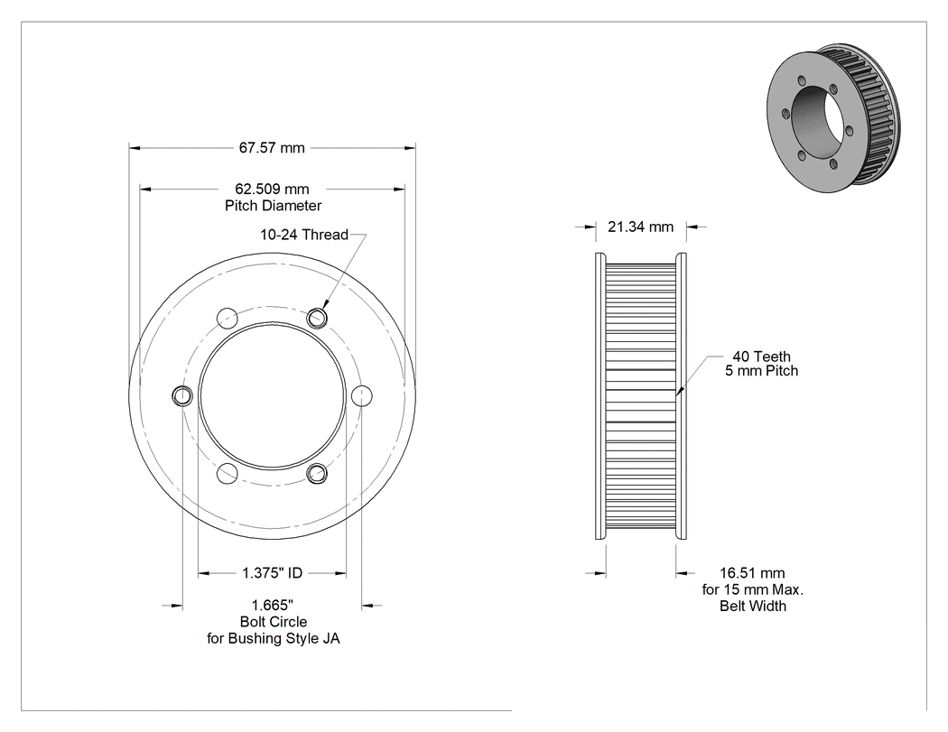 Teknik Çizim - Paslanma ve Aşınmaya Dayanıklı Paslanmaz Çelik HTD Triger Kayışı Kasnağı, Burç Montajı, 15 mm Maksimum Kayış Genişliği için, 67.57 mm Dış Çap