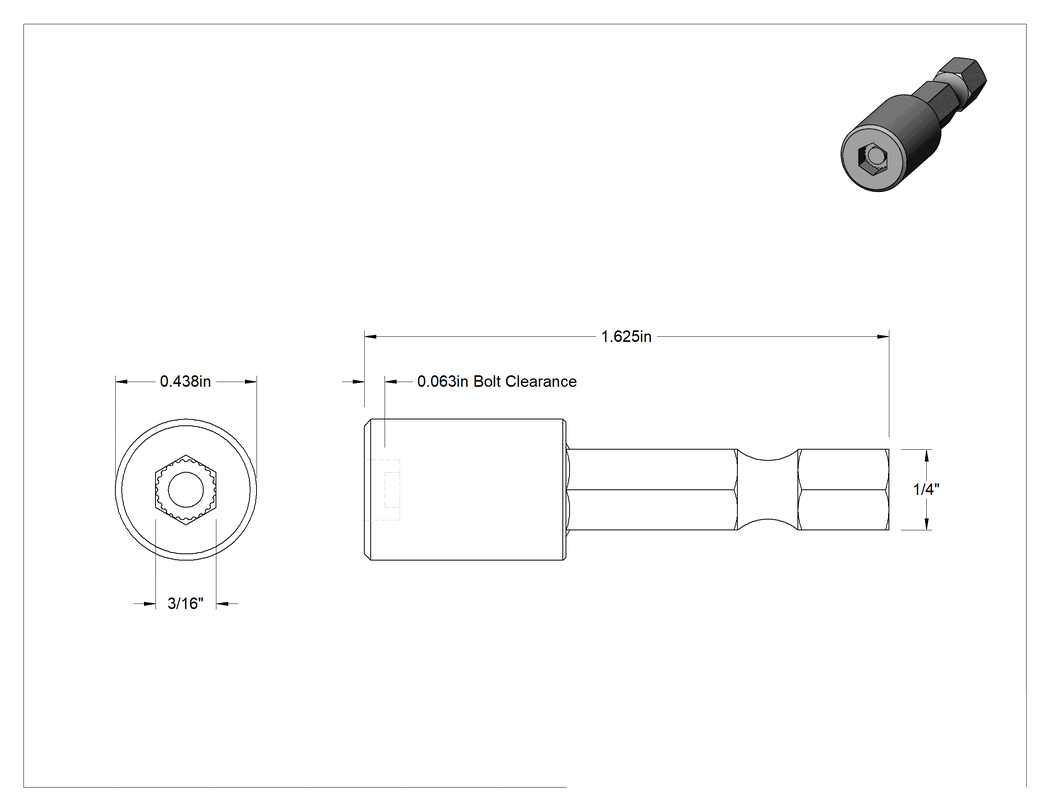 Teknik Çizim - Bağlantı Elemanı Tutucu Somun Anahtarı Ucu, Darbe Tornavidaları için, 1/4" Altıgen Şaft, 3/16" Boyut