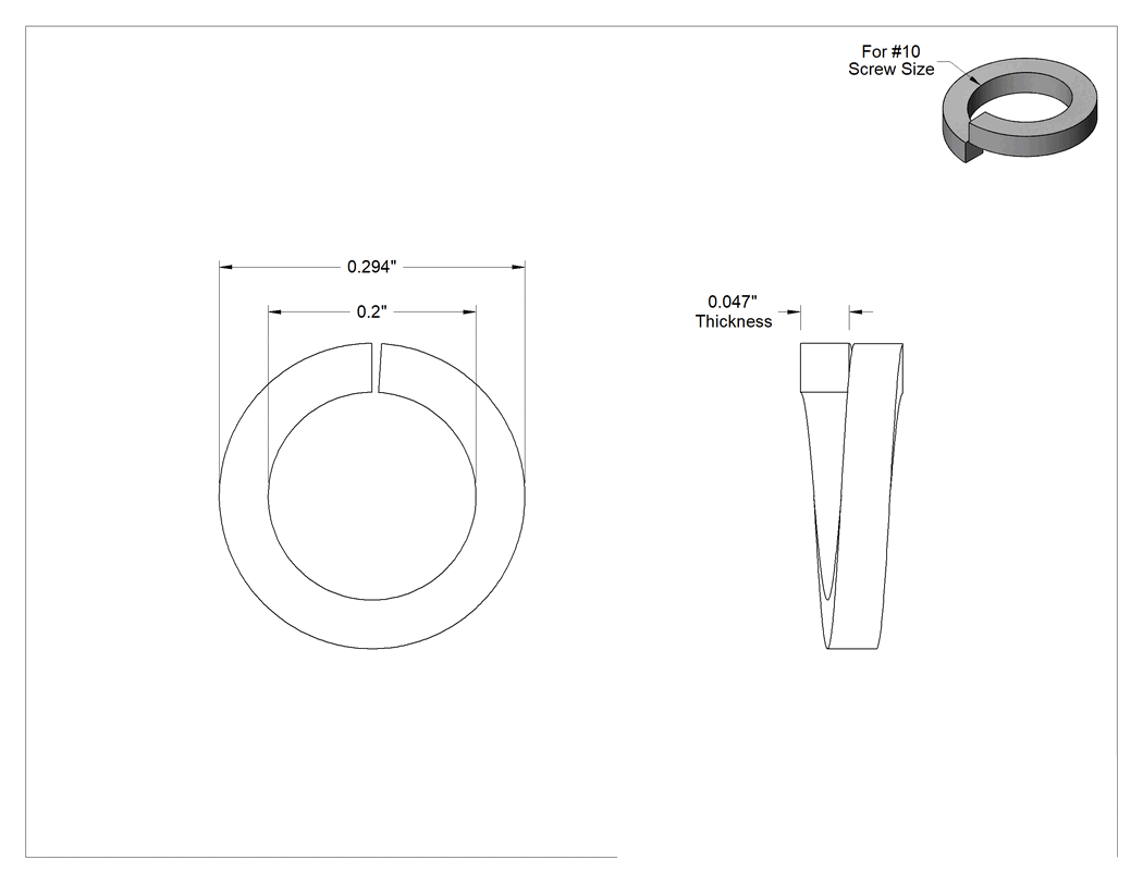 Teknik Çizim - 18-8 Paslanmaz Çelik Yaylı Pul, 10 Numaralı Alyan Başlı Vidalar için, 0.2" İç Çap, 0.294" Dış Çap