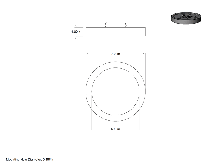 Teknik Çizim - Dekoratif Tavan Işığı, Beyaz Muhafaza, 7" Çap x 1-1/8" Yükseklik Toplam, 120-277V AC