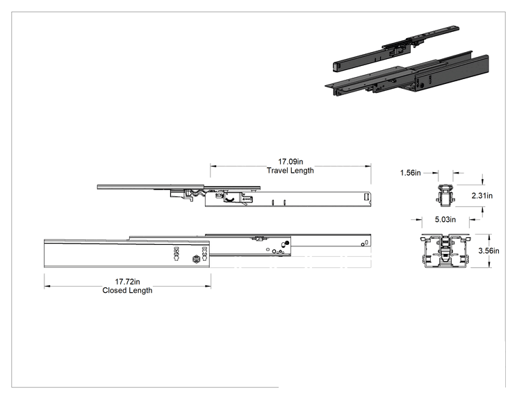 Teknik Çizim - Ağır Hizmet Tipi Taban ve Alt Montajlı Çekmece Kılavuzları, 17-3/4" Kapalı Uzunluk