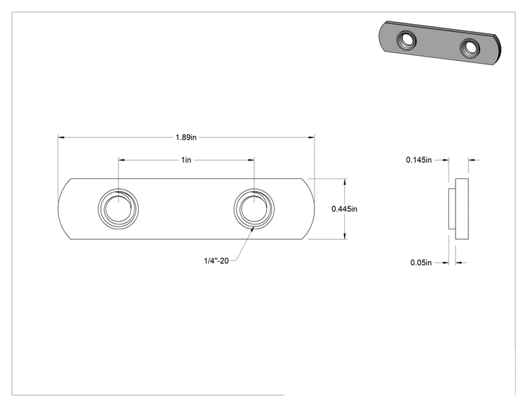 Teknik Çizim - T-Yivli Çerçeve, 1" Yüksekliğinde Tek Ray için Uç Beslemeli Çift Somun, 1/4"-20 Diş