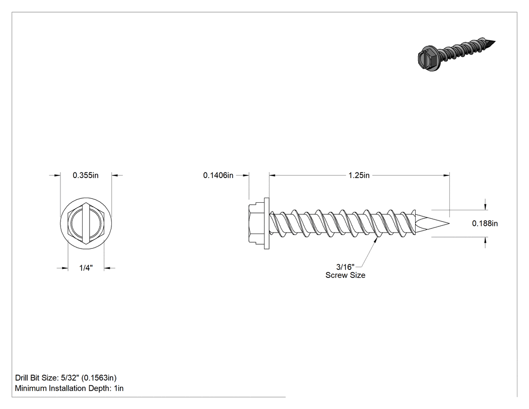 Teknik Çizim - Duvar ve Beton için Diş Açan Vida, Mavi Kaplamalı Çelik, Altıgen Pul Başlığı, 3/16" Boyut, 1-1/4" Uzunluk