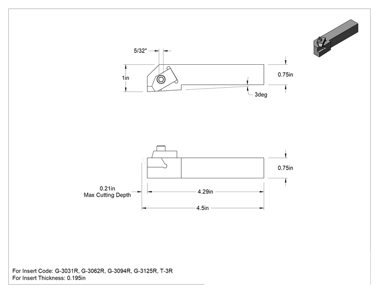 Teknik Çizim - Dış Diş Açma ve Yiv Açma için Uç Tutucu, Yüksek Performans, Sağ Yönlü, Tutucu Kodu SR-123B