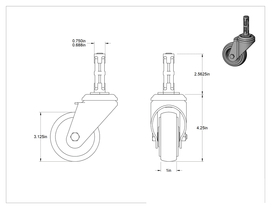 Teknik Çizim - Çelik Genişleyen Kama Sürtünmeli Tutuşlu Saplı Tekerlek, 3-1/8" Çapında Kauçuk Tekerlekli Döner Tekerlek, 11/16"-3/4" Gövde Çapı