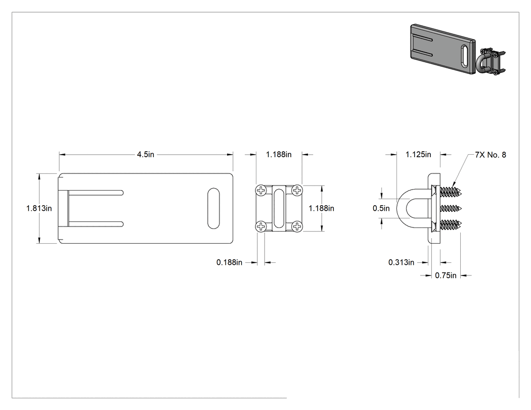 Teknik Çizim - Asma Kilitli Mandal, 4-1/2" x 1-13/16" x 5/16" kollu, Çinko Kaplı Çelik