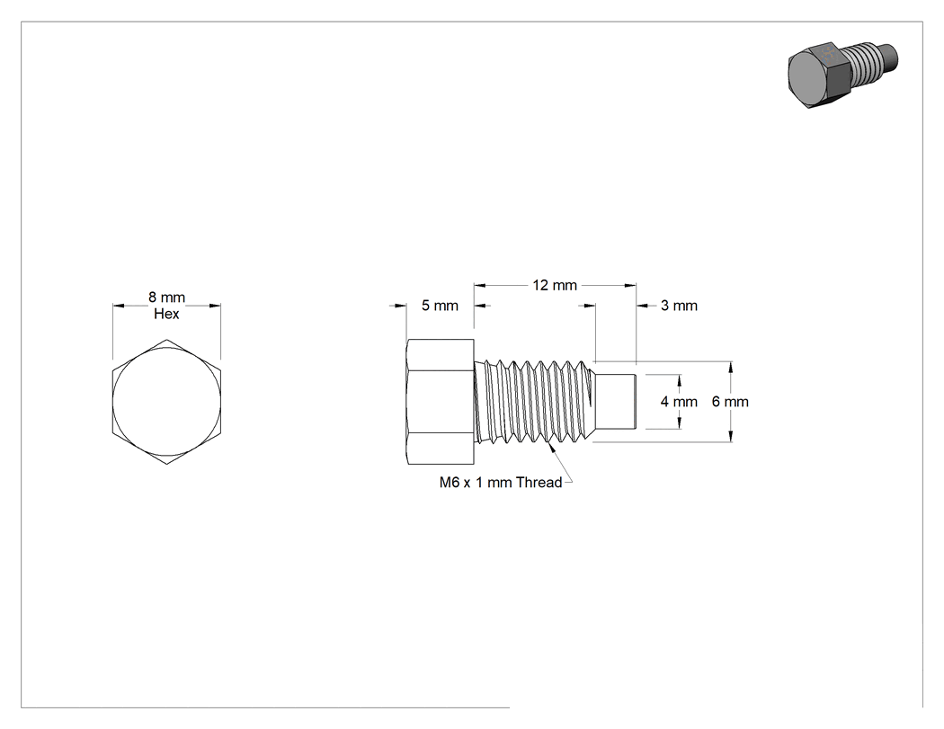 Teknik Çizim - Dış Altıgen Tahrikli Çelik Uzatılmış Uçlu Setskur, M6 x 1 mm Diş Boyutu, 12 mm Uzunluk