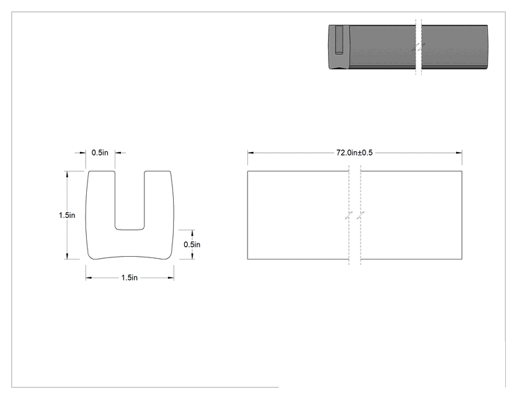 Teknik Çizim - Süper Yastıklama Köpük U-Kanal, 1/2" Duvar Kalınlığı, 1-1/2" x 1-1/2" Dış Boyut