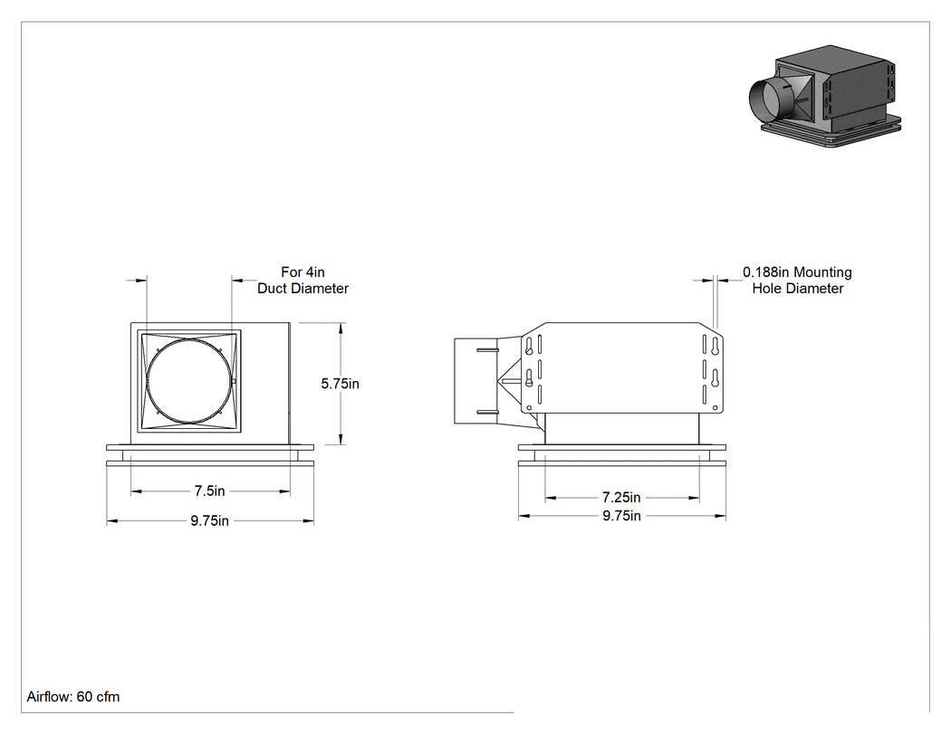 Teknik Çizim - Tavana Monte Lavabo Egzoz Fanı, Işıklı, 60 CFM Hava Akışı