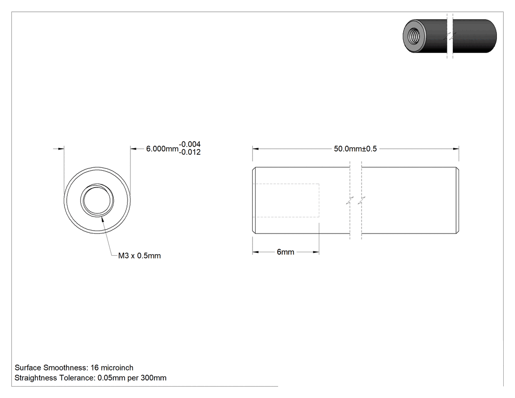 Teknik Çizim - Dişli Doğrusal Hareket Mili, Dişli x Düz Uç, 52100 Çelik, 6 mm Çap, 50 mm Uzunluk